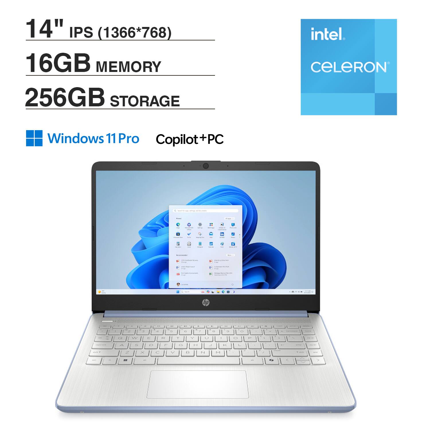 14" IPS (1366*768)  
16GB MEMORY  
256GB STORAGE  
intel Celeron  
Windows 11 Pro  
Copilot+PC