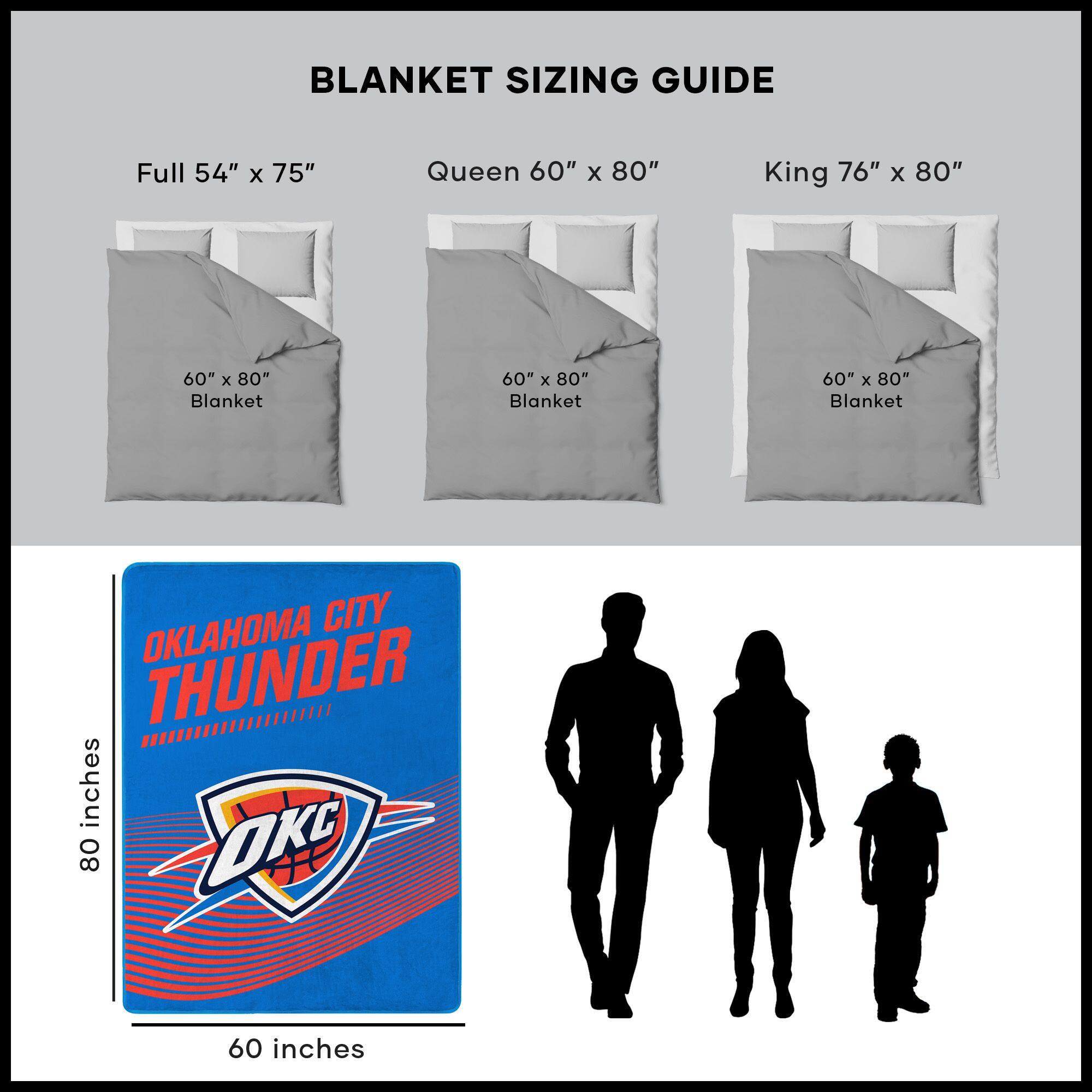 BLANKET SIZING GUIDE

Full 54" x 75"  
Queen 60" x 80"  
King 76" x 80"  

60" x 80" Blanket  
60" x 80" Blanket  
60" x 80" Blanket  

OKLAHOMA CITY THUNDER  
80 inches  
60 inches