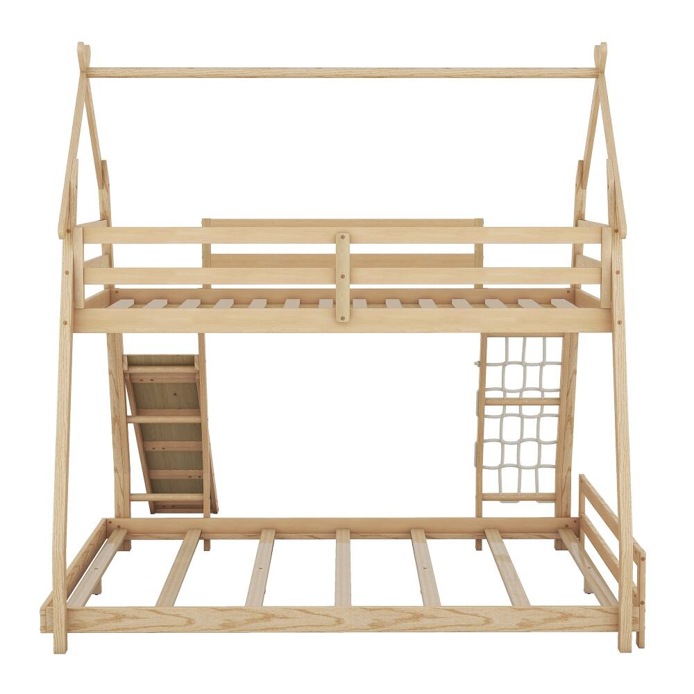 Alt View 6. Loheer - Loheer Twin Over Queen House Bunk Bed with Climbing Net Ramp Natural - Natural.