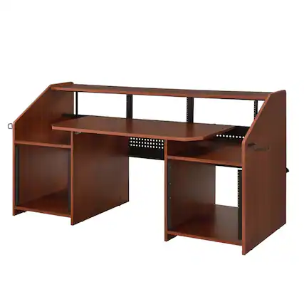 Front. Manhattan Lane - 71 Inch Wood Music Desk Studio Workstation, 3 Shelves, Cherry Brown - Brown.