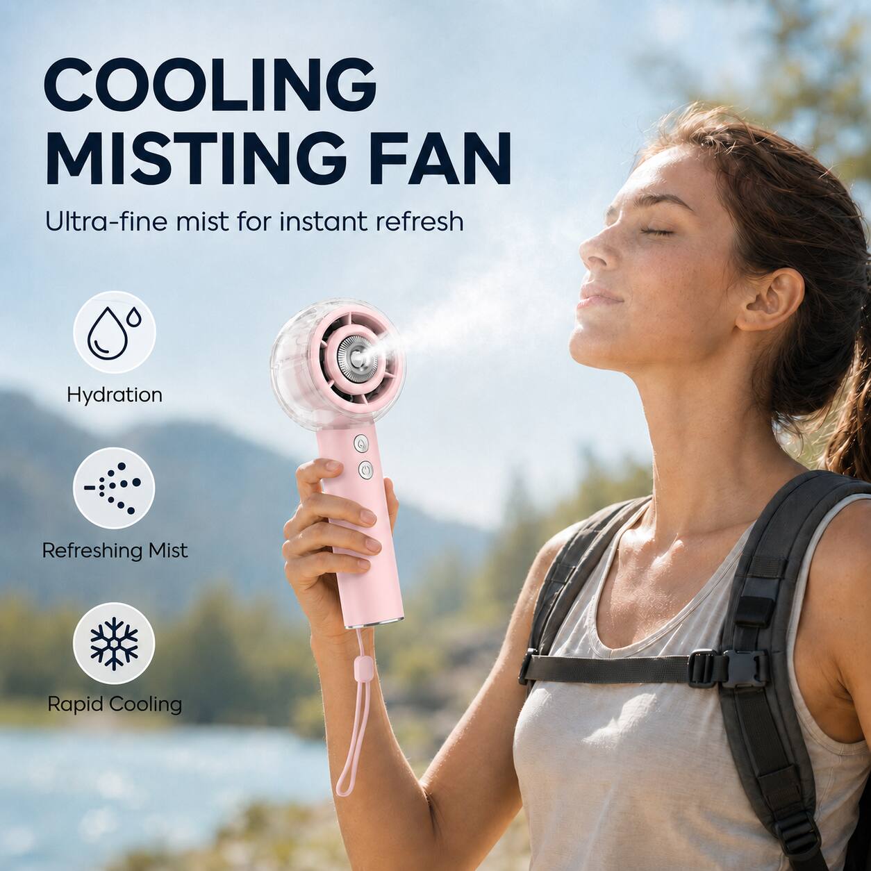 COOLING MISTING FAN  
Ultra-fine mist for instant refresh  
Hydration  
Refreshing Mist  
Rapid Cooling