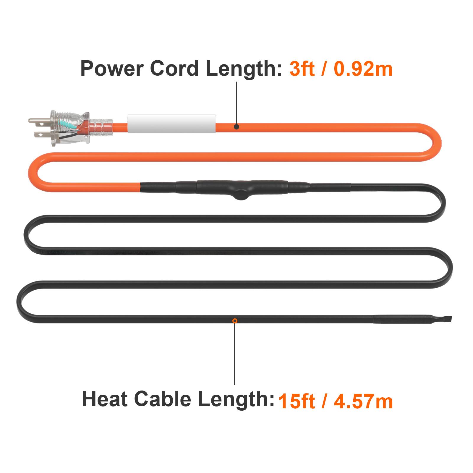 Power Cord Length: 3ft / 0.92m  
Heat Cable Length: 15ft / 4.57m