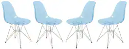 LeisureMod - Cresco 4-Pieces Ergonomic Acrylic Dining Chair with Chrome Eiffel Base for Home or Office - Transparent Blue