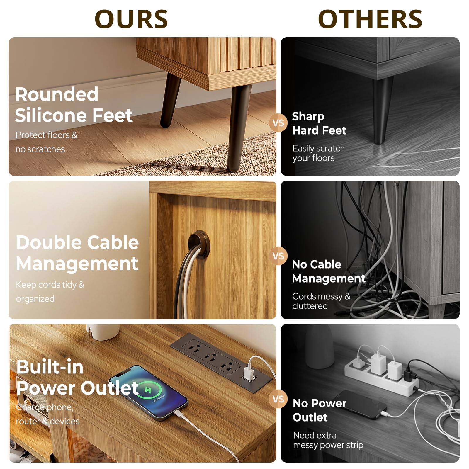OURS

- Rounded Silicone Feet
  - Protect floors & no scratches

- Double Cable Management
  - Keep cords tidy & organized

- Built-in Power Outlet
  - Charge phone, router & devices

OTHERS

- Sharp Hard Feet
  - Easily scratch your floors

- No Cable Management
  - Cords messy & cluttered

- No Power Outlet
  - Need extra messy power strip