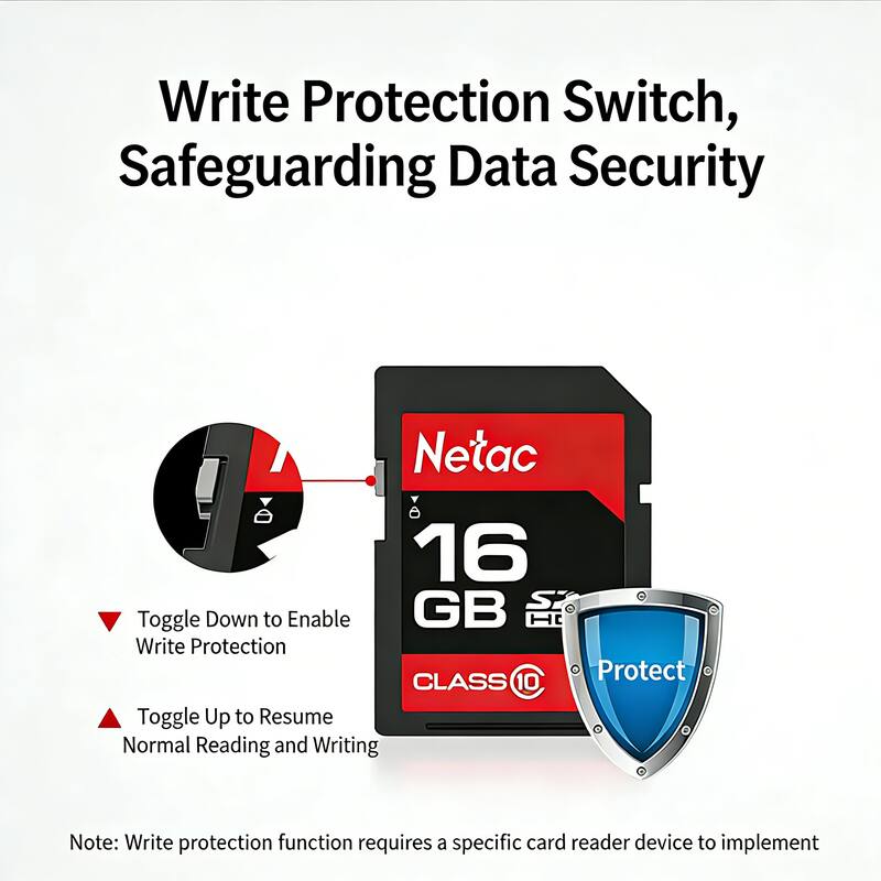 Write Protection Switch, Safeguarding Data Security

Toggle Down to Enable Write Protection

Toggle Up to Resume Normal Reading and Writing

Note: Write protection function requires a specific card reader device to implement