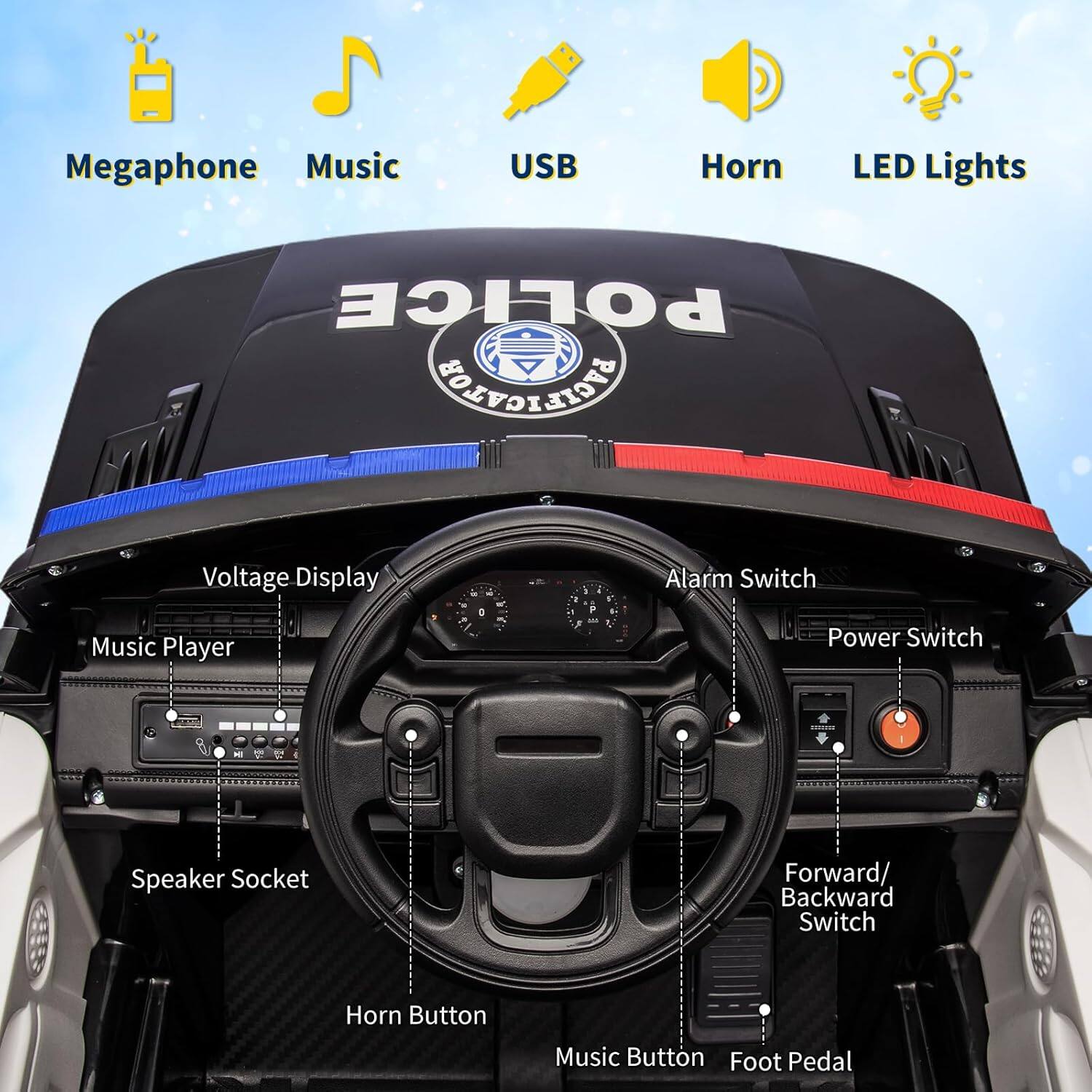 Megaphone Music USB Horn LED Lights POLICE SOLYOLAIAN Voltage Display Music Player - Alarm Switch Power Switch Speaker Socket Forward/ Backward Switch Horn Button Music Button Foot Pedal