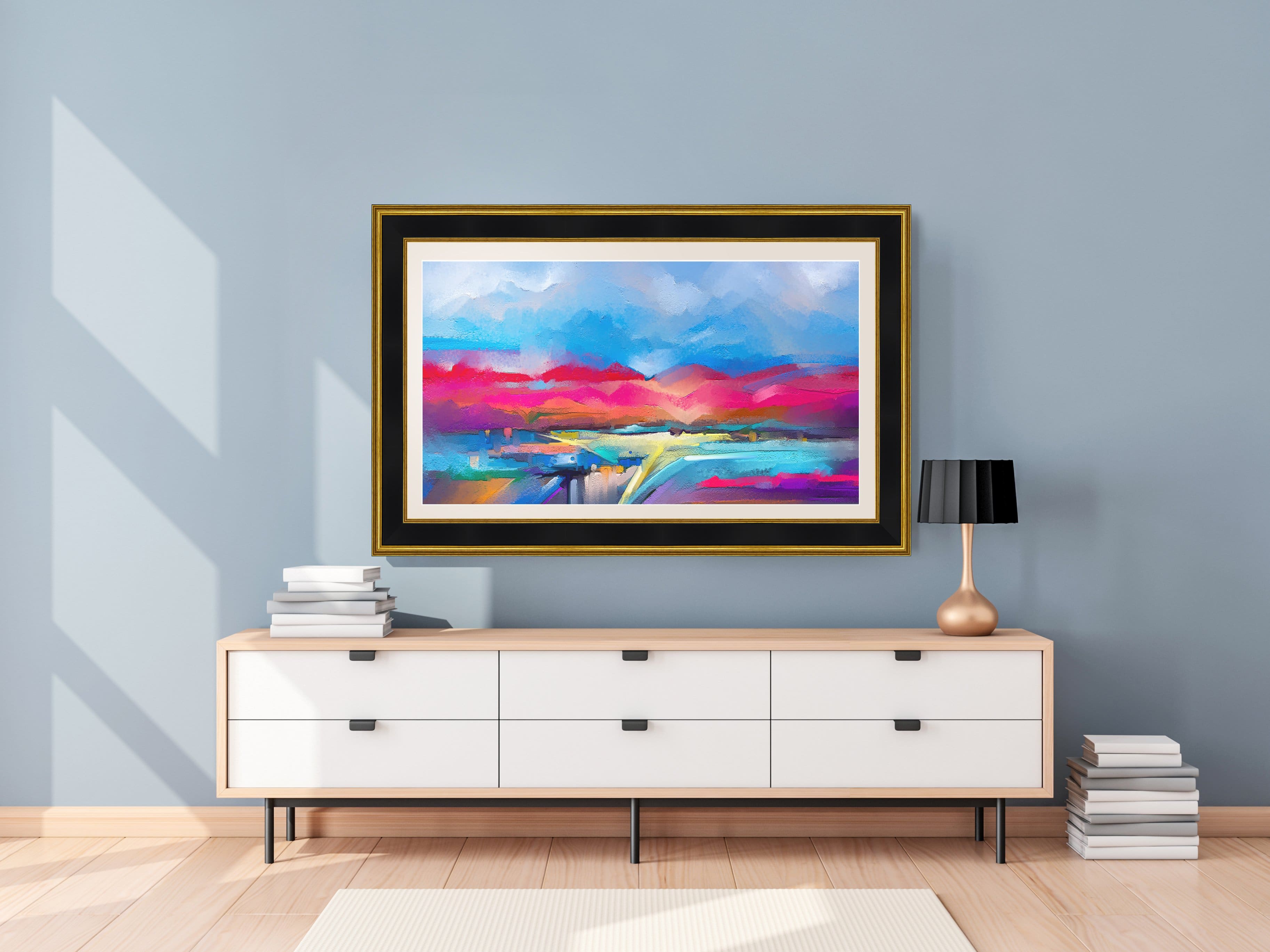 Angle. Deco TV Frames - Premiere Bezel for Samsung the Frame TV - 55" - Antique Gold & Black.