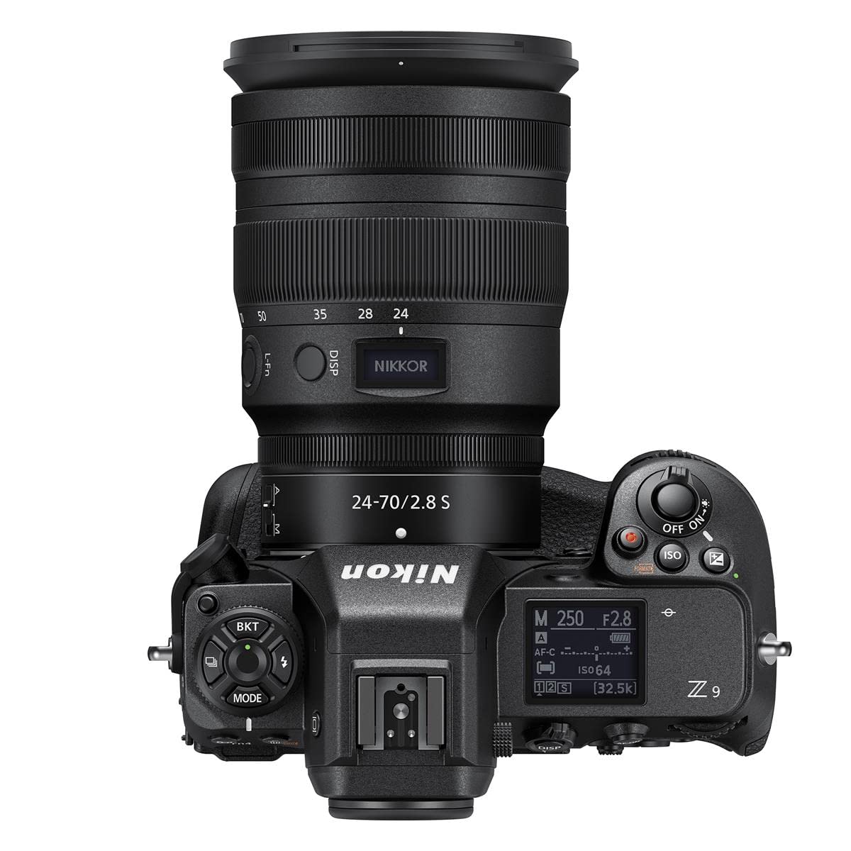 50 L-Fn 35 DISP 28 24 NIKKOR 24-70/2.8 S Nikon OFF ON-* ISO K BKT MODE M 250 F2.8 A wiw . AF-C ISO S064 il 2 S 32.5k Z 9