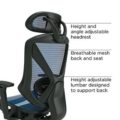Height and angle adjustable headrest  
Breathable mesh back and seat  
Height adjustable lumbar designed to support back