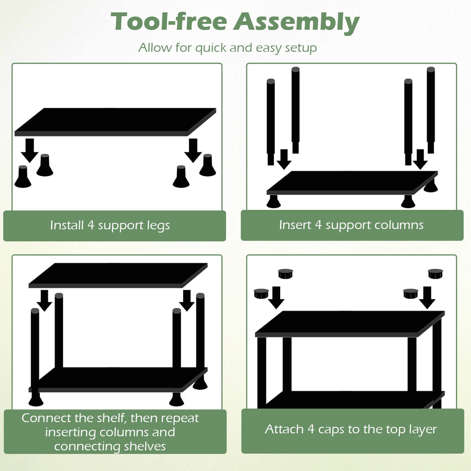 Tool-free Assembly  
Allow for quick and easy setup  

1. Install 4 support legs  
2. Insert 4 support columns  
3. Connect the shelf, then repeat inserting columns and connecting shelves  
4. Attach 4 caps to the top layer