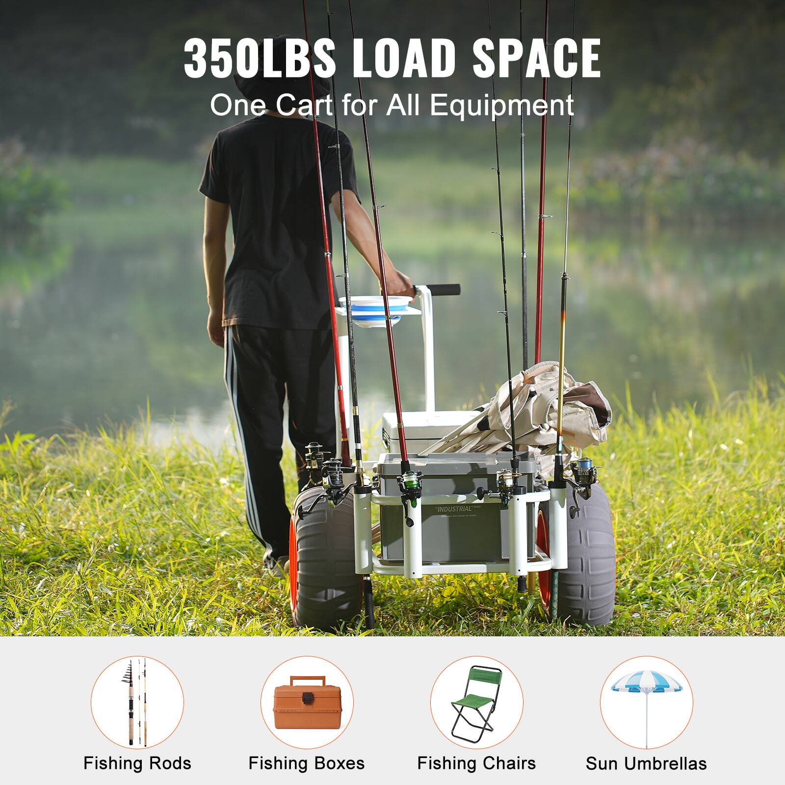 350LBS LOAD SPACE, One Cart for All Equipment, Fishing Rods, Fishing Boxes, Fishing Chairs, Sun Umbrellas