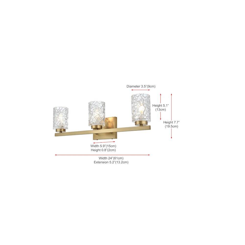 Diameter 3.5" (9cm)  
Height 5.1" (13cm)  
Height 7.7" (19.5cm)  
Width 5.9" (15cm)  
Height 0.8" (2cm)  
Width 24" (61cm)  
Extension 5.2" (13.2cm)