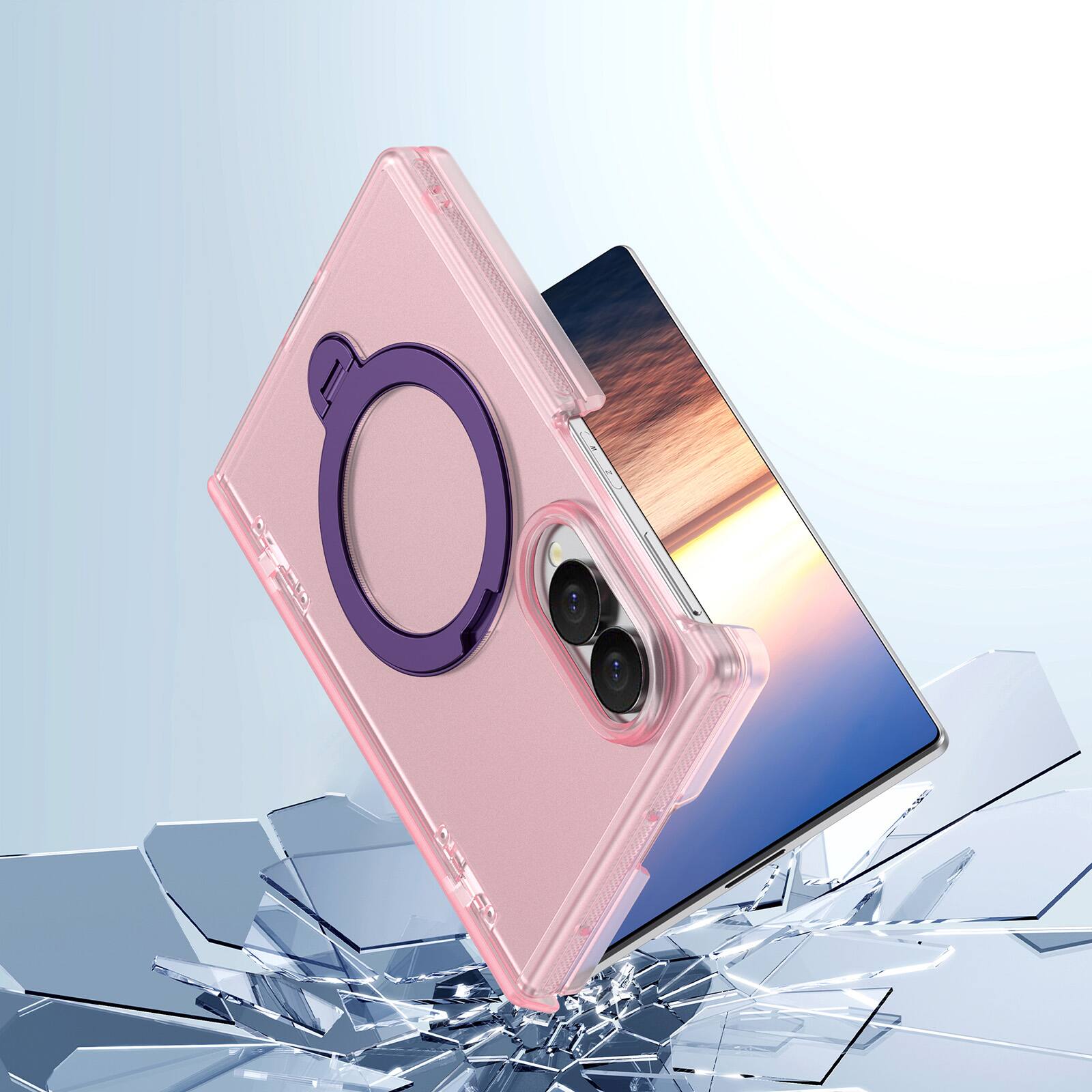 Back. Dteck - Shockproof Frosted Phone Case for Samsung Galaxy Z Fold8 with Ring Stand, Rugged Slim Magnetic Rigid Plastic Hinge Cover - Mattepink.