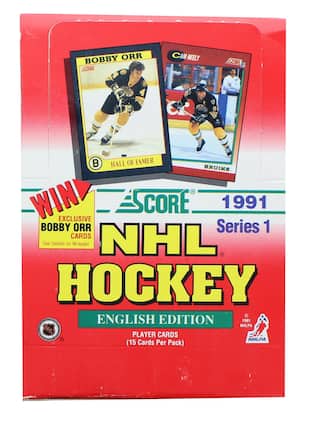 Sure, here is the corrected and grouped text from the image:
---
**BOBBY ORR**
HALL OF FAMER
BRUINS
**CAM NEELY**
BRUINS
**WIN!**
EXCLUSIVE BOBBY ORR CARDS
See Details on Wrapper
**SCORE**
1991
Series 1
NHL HOCKEY
ENGLISH EDITION
PLAYER CARDS
(15 Cards Per Pack)
---
**NHLPA**
© 1991 NHLPA
---
