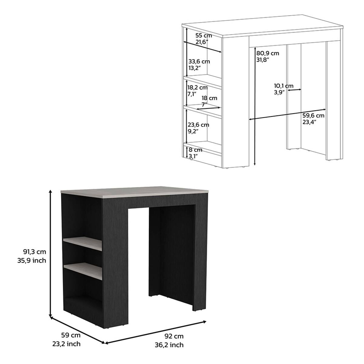 55 cm 21.6"  
33.6 cm 13.2"  
80.9 cm 31.8"  
18.2 cm 7.1"  
18 cm 7"  
10.1 cm 3.9"  
23.6 cm 9.2"  
59.6 cm 23.4"  
18 cm 3.1"  
91.3 cm 35.9 inch  
59 cm 23.2 inch  
92 cm 36.2 inch