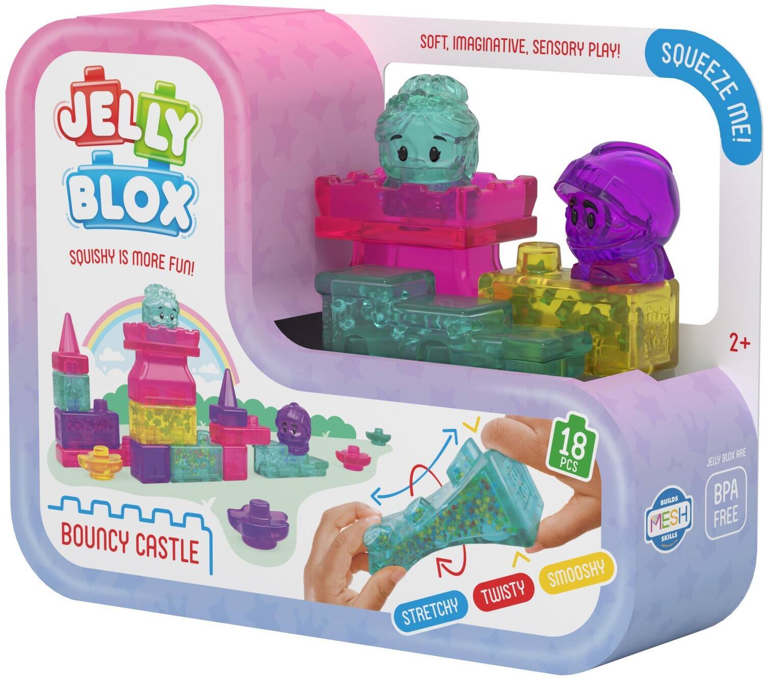 JELLY BLOX SQUISHY IS MORE FUN!  
SOFT. IMAGINATIVE. SENSORY PLAY! SQUEEZE ME!  
2+  
BOUNCY CASTLE  
18 PCS SMOOSHY TWISTY STRETCHY  
BLOX ARE JELLY BUILDS BPA MESH FREE SKILLS