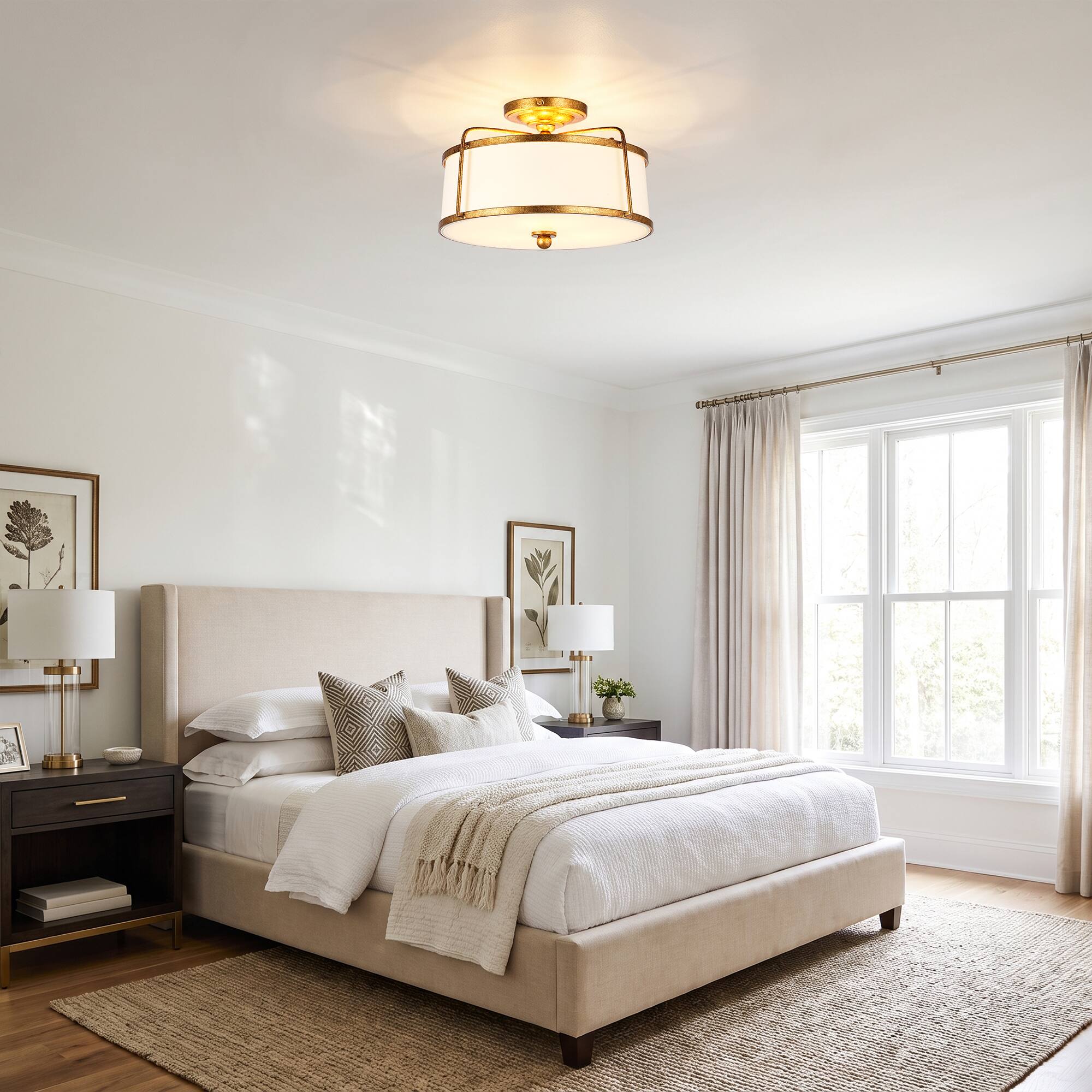 Back. Parrot Uncle - 14 Inch Modern Fabric Semi Flush Mount 3 Light Drum Ceiling Light for Bedroom,Dining Room,Hallway - Gold.