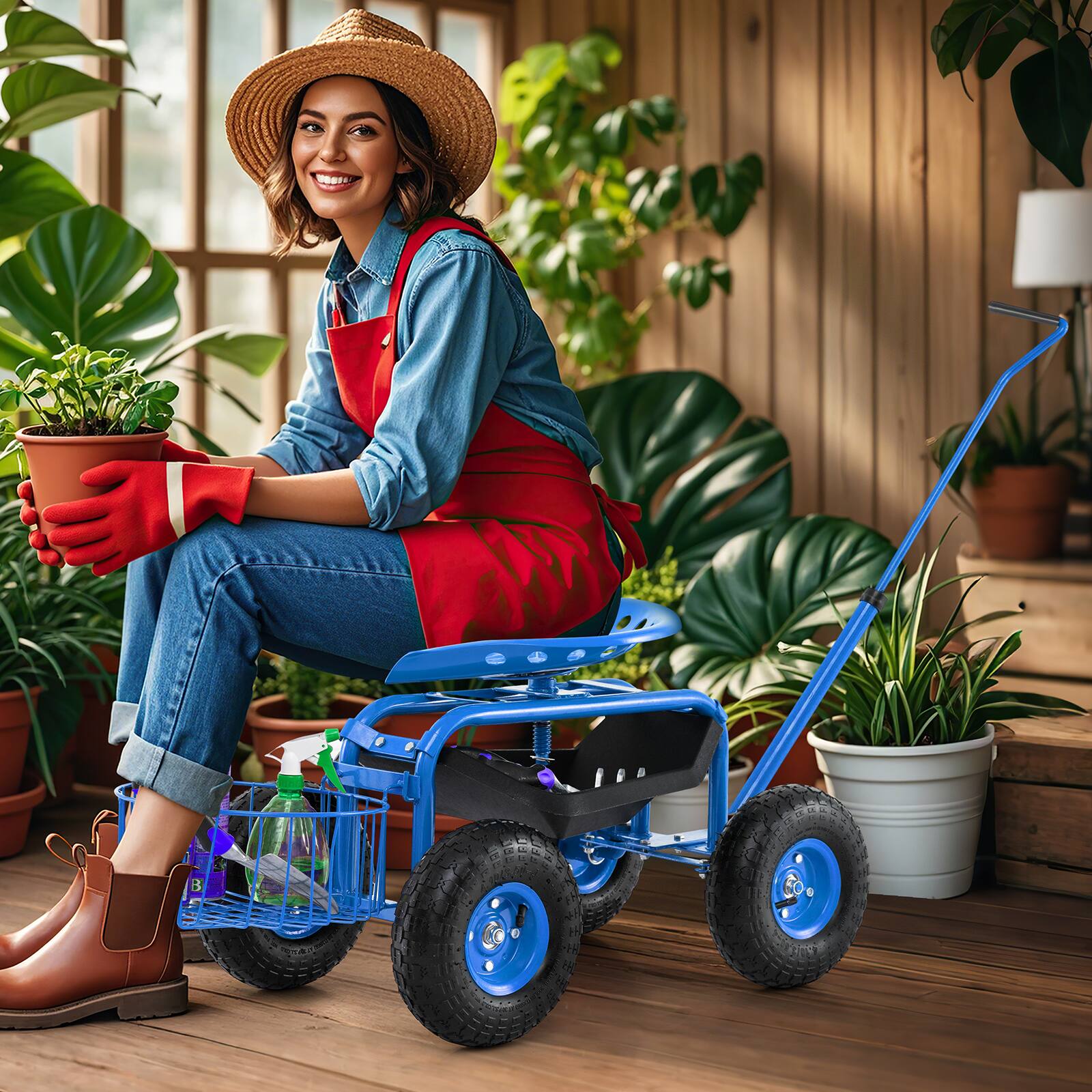 Alt View 1. Gymax - Gymax Rolling Garden Cart Scooter w/ Adjustable Seat Storage Basket Tray Blue - Blue.