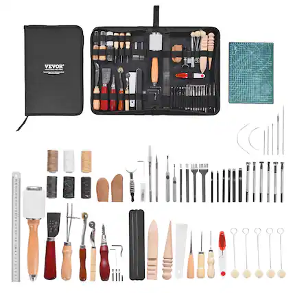 Front. VEVOR - Leather Working Tools Kit, 59 PCS Leather Craft Tools with Portable Canvas Storage Bag - Black.