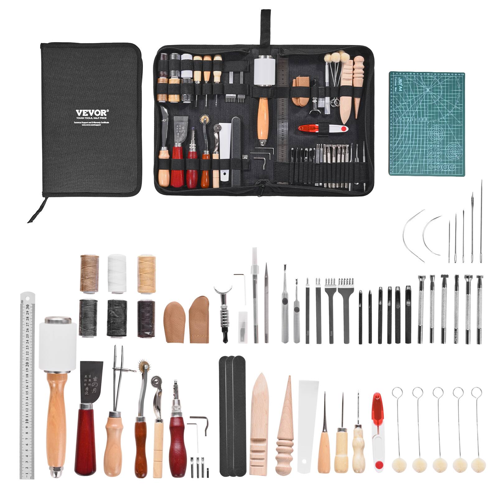 Front. VEVOR - Leather Working Tools Kit, 59 PCS Leather Craft Tools with Portable Canvas Storage Bag - Black.