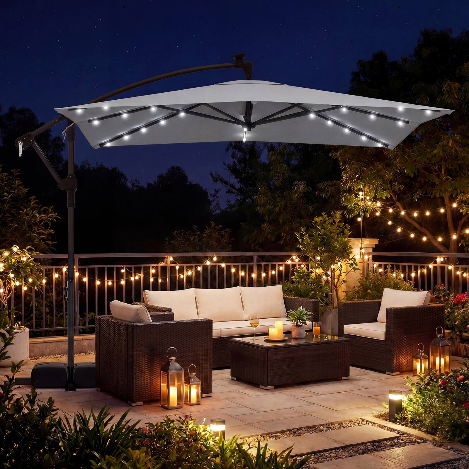 Alt View 3. Costway - Costway 8 x 8 FT Solar LED Offset Cantilever Patio Umbrella with 360° Rotation, Crank - Gray.