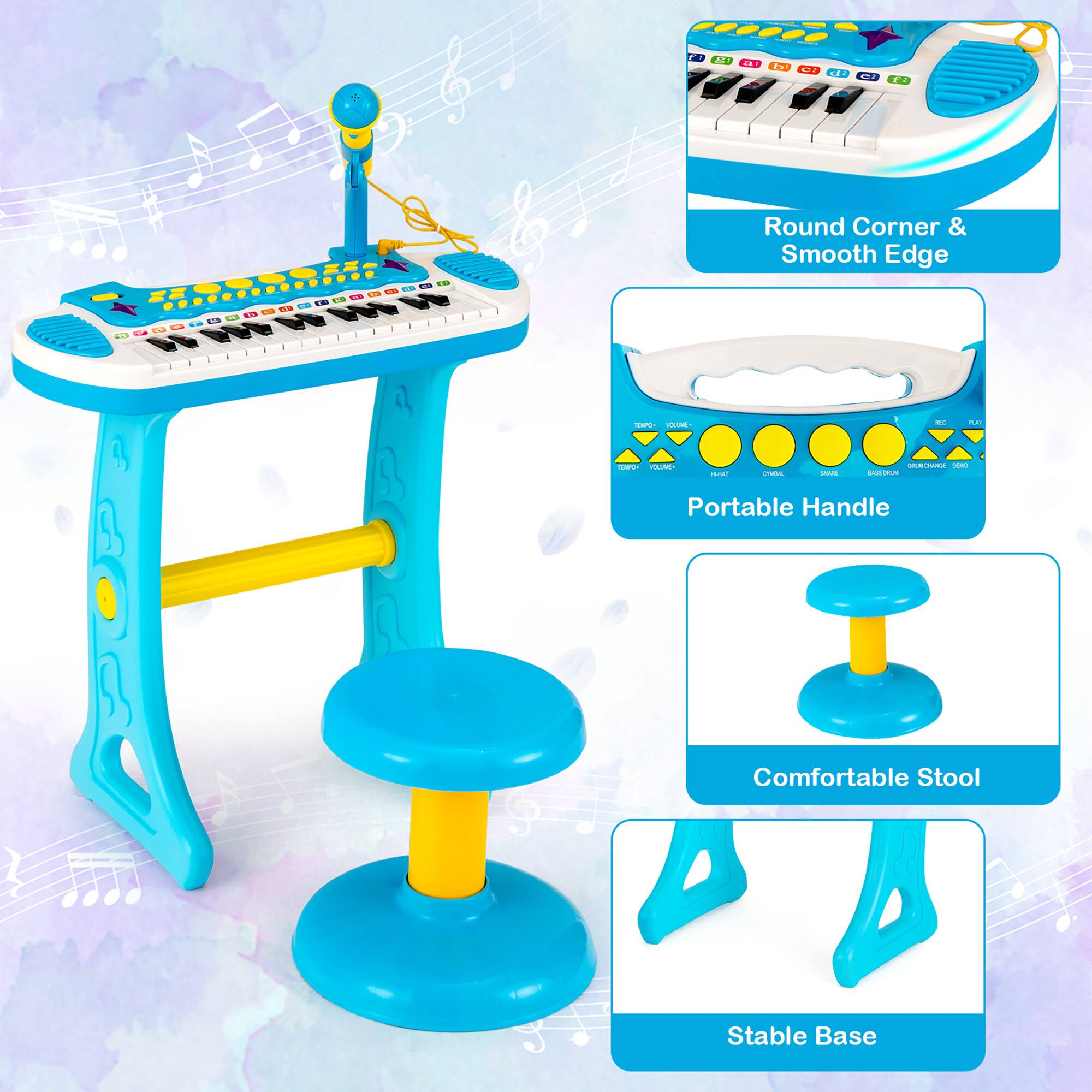 The image features a blue and yellow children's toy piano with a round corner and smooth edge. The piano also has a portable handle and a comfortable stool. The toy is designed to be stable and provide a fun and engaging musical experience for children.