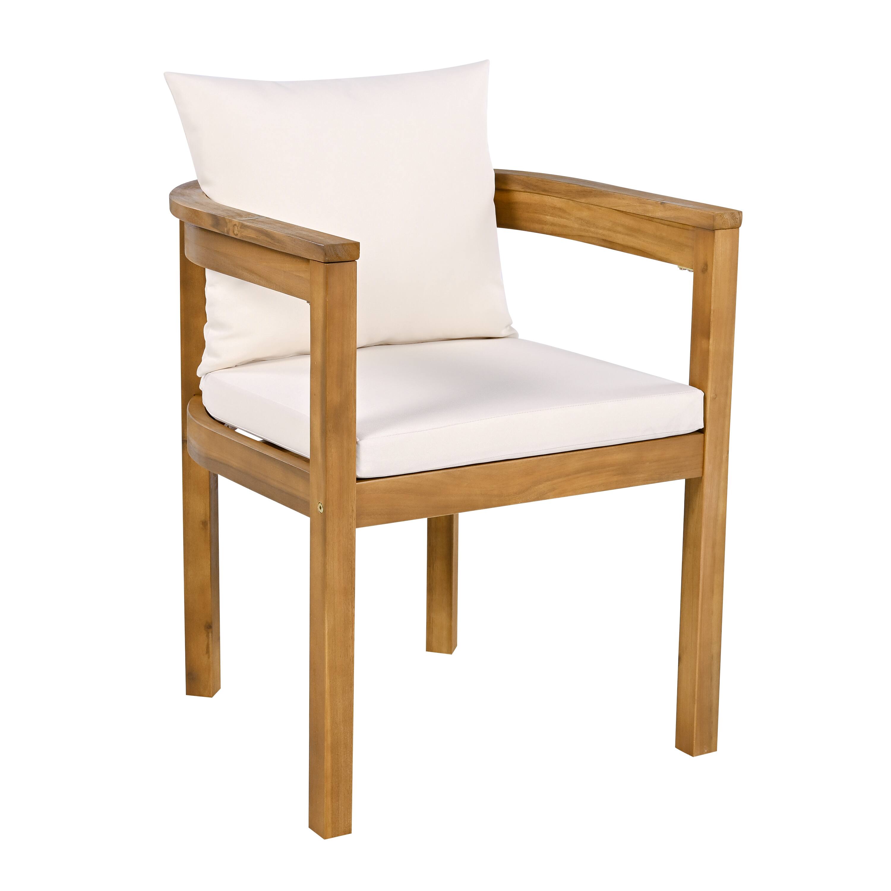 Back. Mondawe - Set of 2 Outdoor Acacia Wood Dining Chair with Cushion - Teak+ Beige.