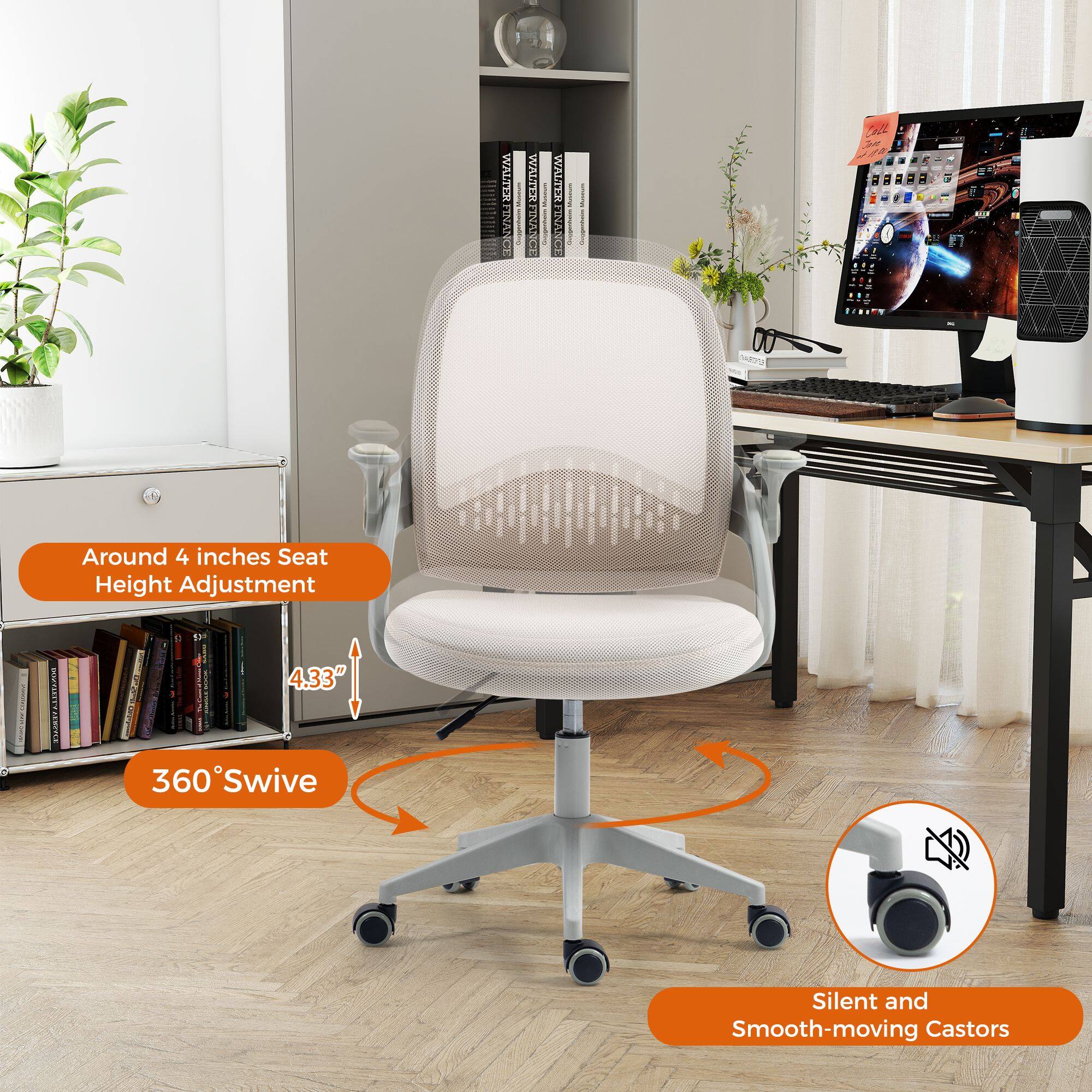 WALTER FINAS  
HTIAW INAD I I I SLIIVA FIA L :  
: 1 Tal S4 Around 4 inches Seat Height Adjustment  
4.33"  
360 Swive Silent and Smooth-moving Castors