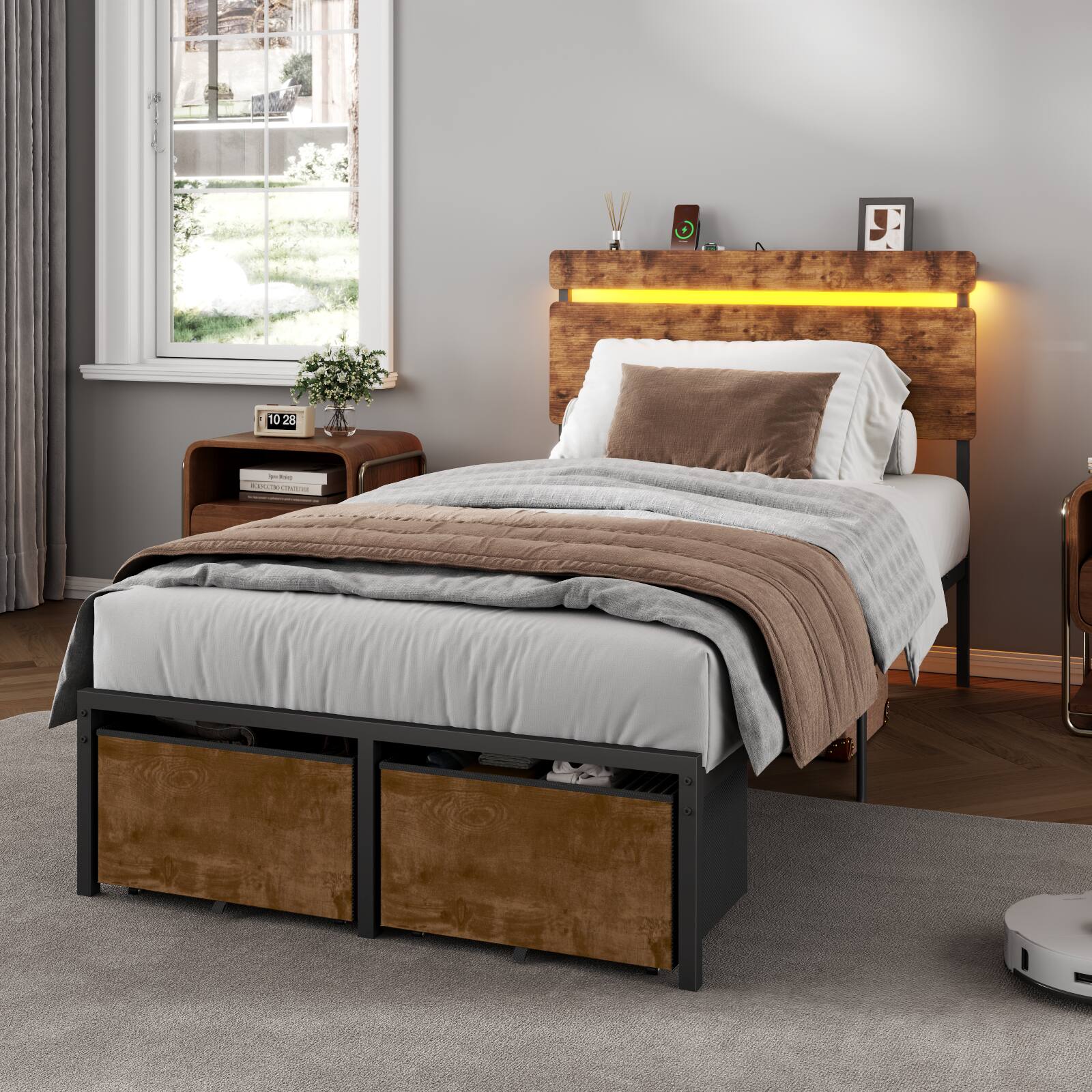 Left. Furnulem - Platform Bed with 2 Drawers and Open Storage Headboard Adjustable LED Light and Charging Station - Brown.