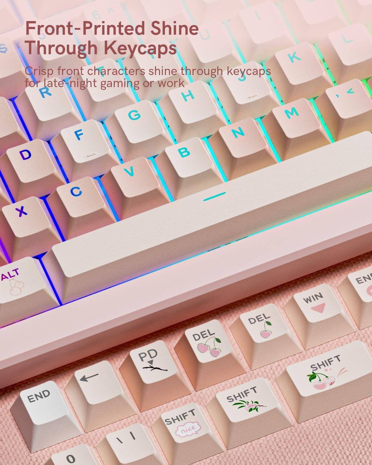 Front-Printed Shine Through Keycaps

Crisp front characters shine through keycaps for late-night gaming or work