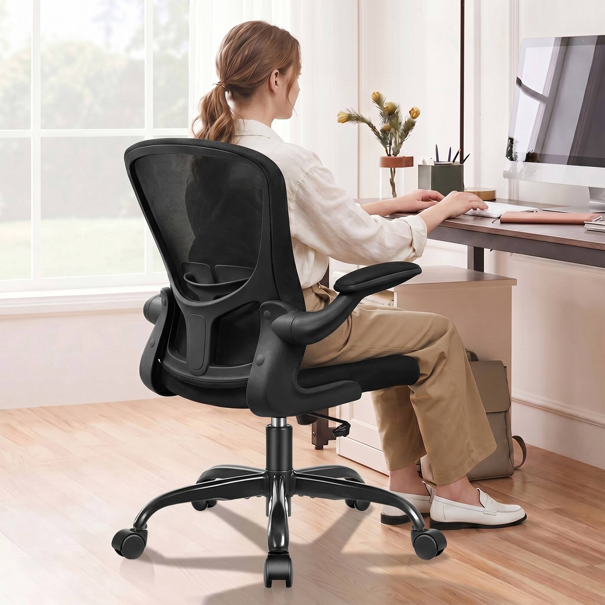Alt View 4. KERDOM - Ergonomic Desk Chair, Swivel Computer Chair with Flip-up Arms, Adjustable Lumbar Support & Height, Breathable Mesh, Tilt - Black.