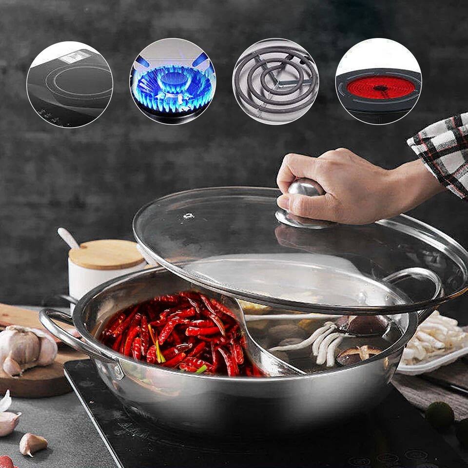 Alt View 2. Home Collection - Stainless Steel Dual-Sided Shabu Hot Pot with Lid, 12 Inch - Silver.