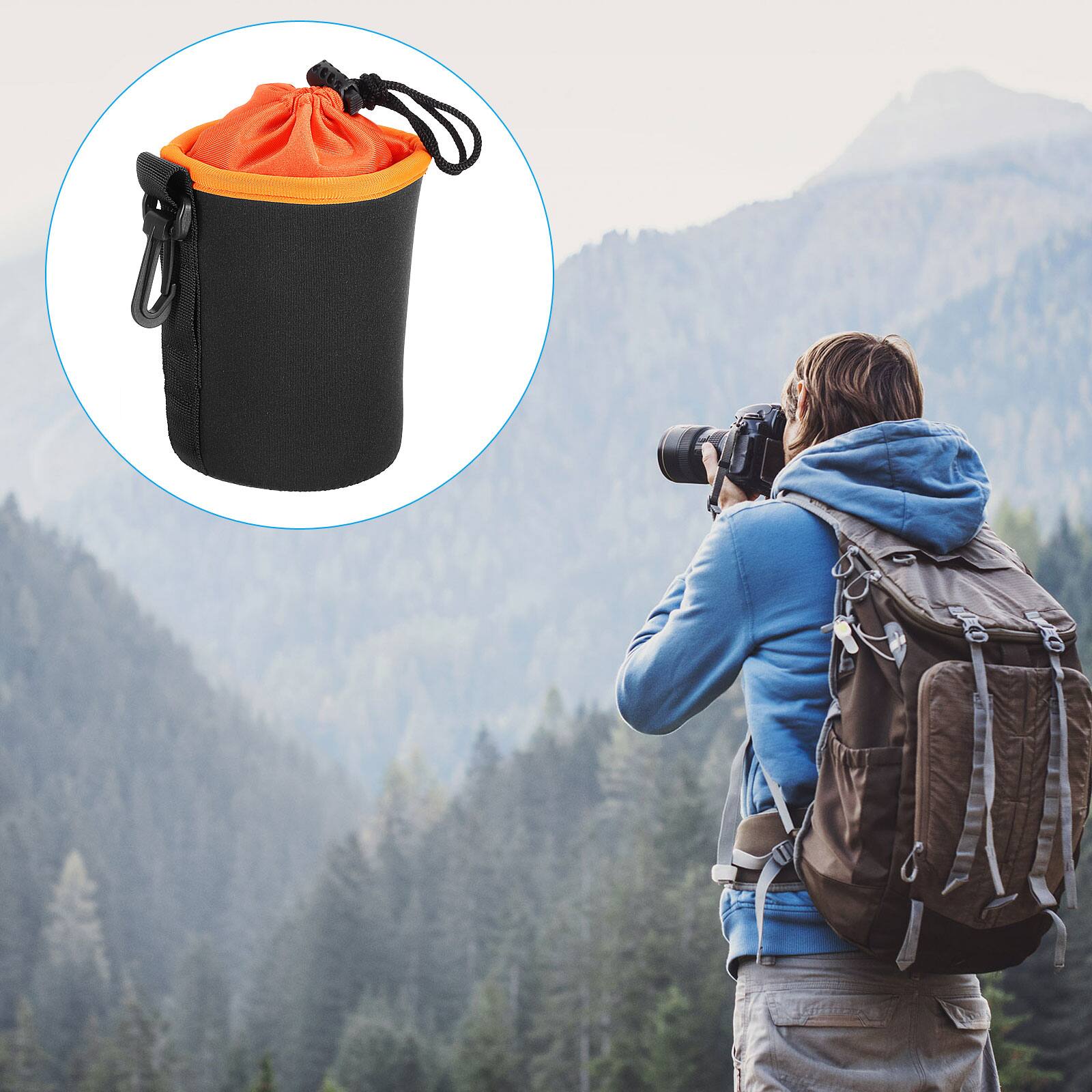 Alt View 6. Unique Bargains - Cylindrical Drawstring Lens Pouch, 3.3"x5.5", Thick Neoprene Protective Case for DSLR Lens, Water Cups - Black Orange.