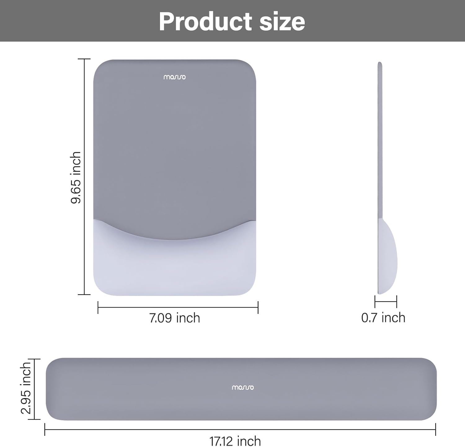 Product size: 9.65 inch x 7.09 inch x 0.7 inch, 2.95 inch x 17.12 inch