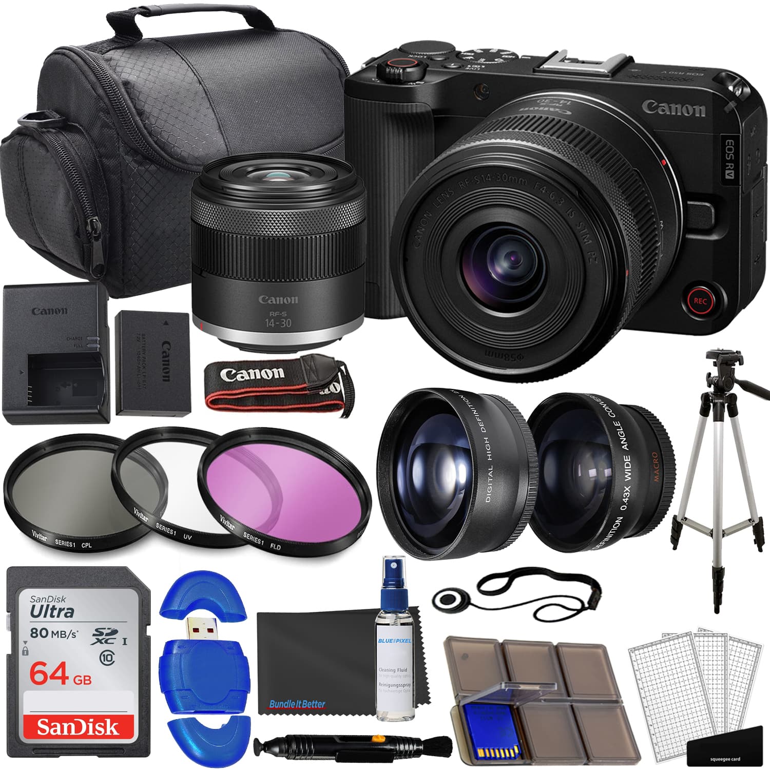 Canon - EOS R50 V Mirrorless Camera w/ RF-S 14-30mm Lens + 64GB Memory, Filter Kit, Tripod & Accessory Bundle