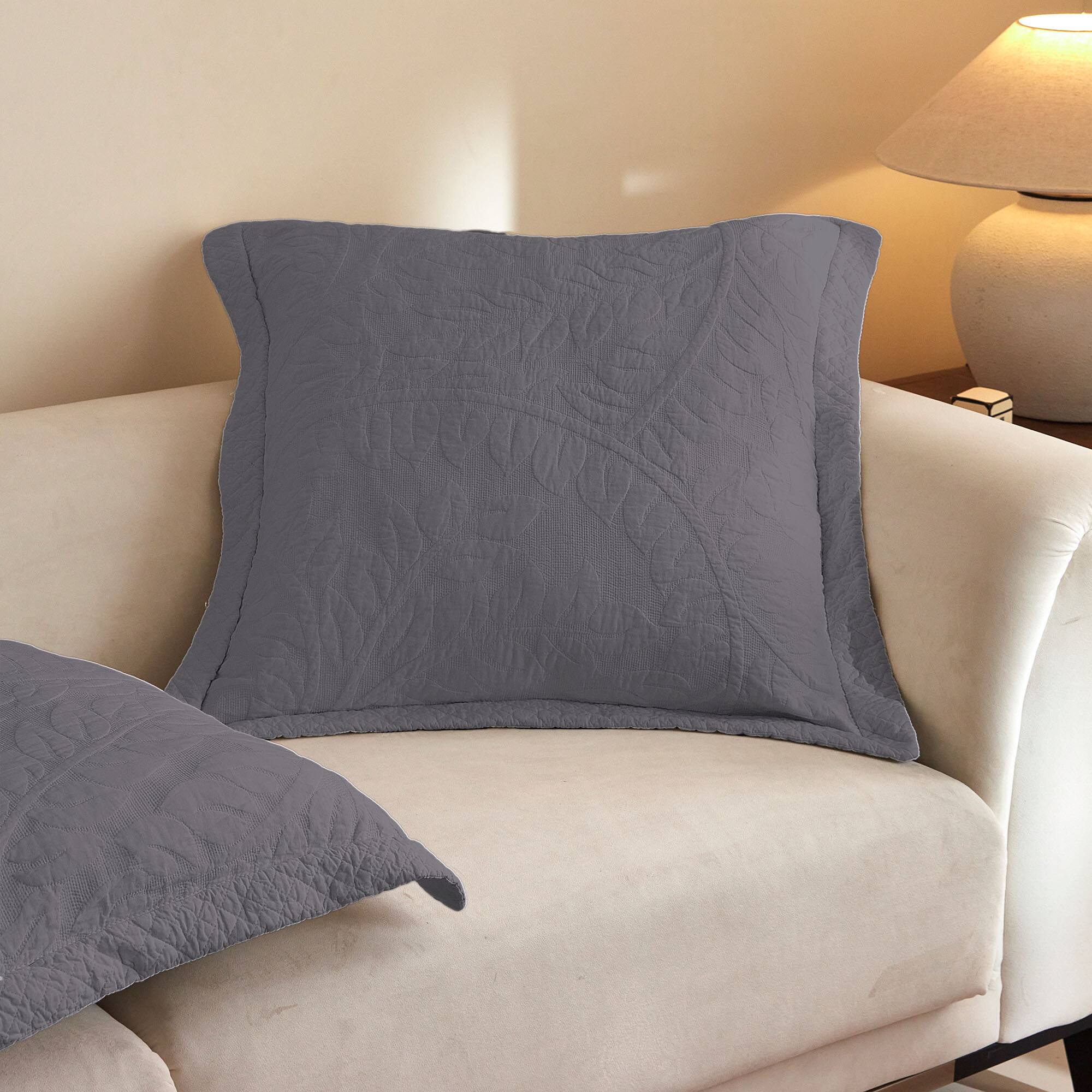 Back. MarCielo - 100% Cotton Embroidered Quilted Pillow Shams Set of 2, 26"x26" Euro Size - Light Grey.