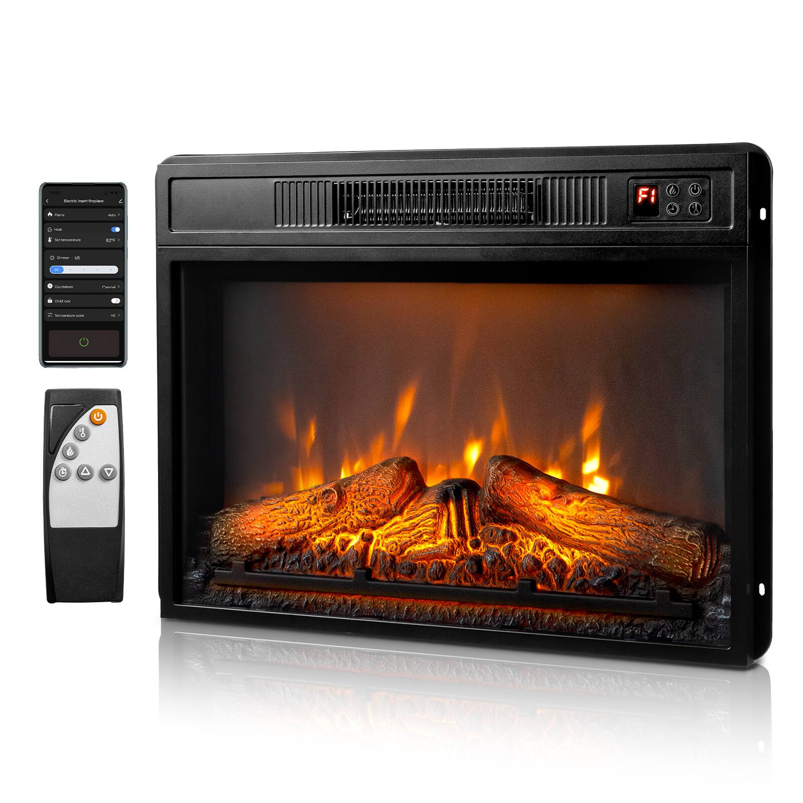 Alt View 1. Winado - 23" WiFi Smart Electric Fireplace Insert, 1400W Wall Recessed Fireplace Heater with 6 Flame Settings, Remote Control - Black.