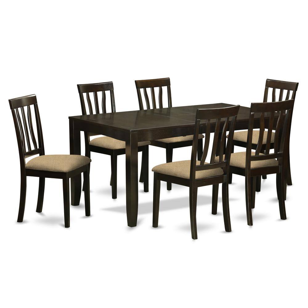 Left. East West Furniture - LYAN7-CAP-C 7 Pc formal Dining room set-Kitchen Tables with Leaf 6 Dining Chairs - Cappuccino.
