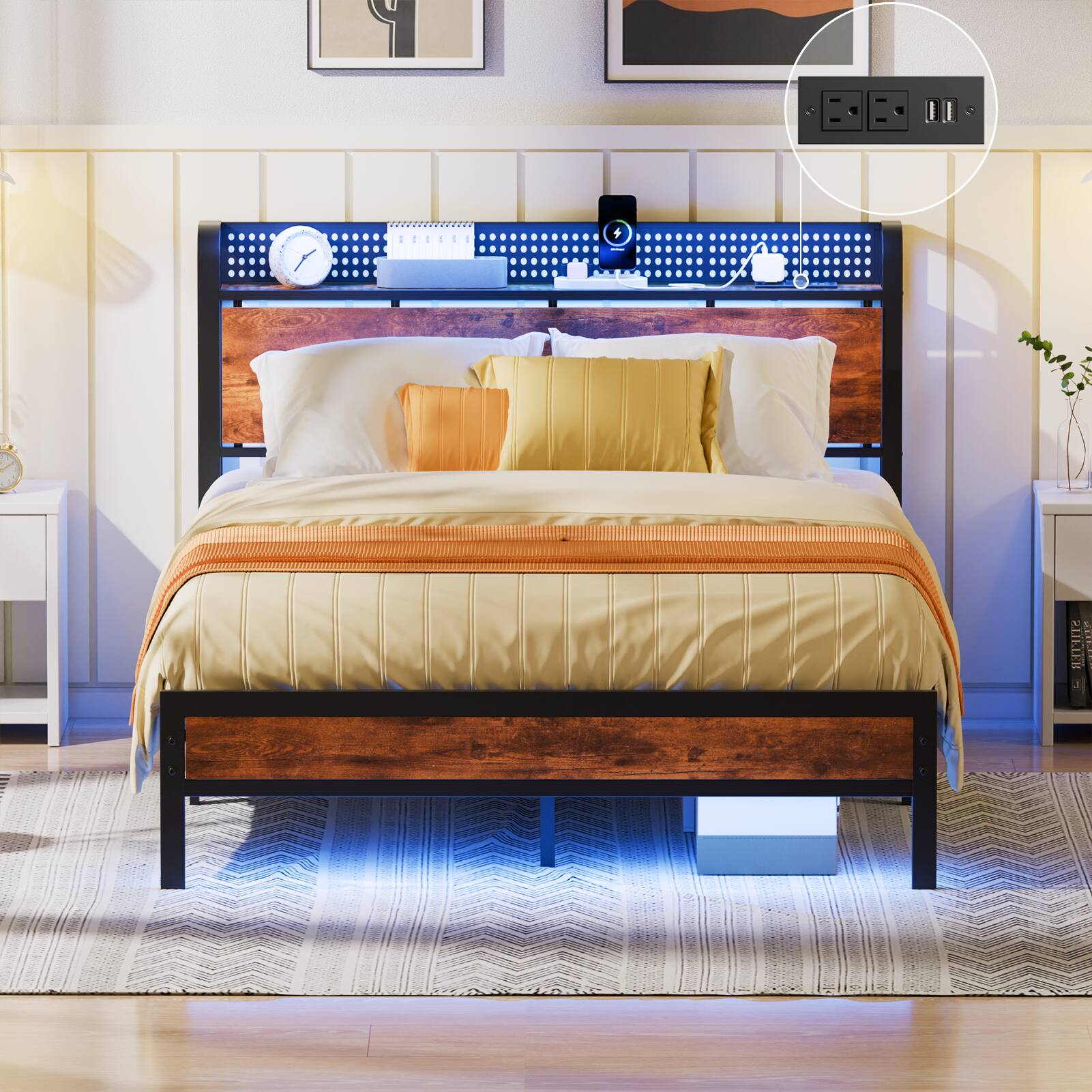 Alt View 1. Furnulem - Furnulem Bed frame with Wood Storage Headboard,Metal Platform Bed with Under Storage - Brown.
