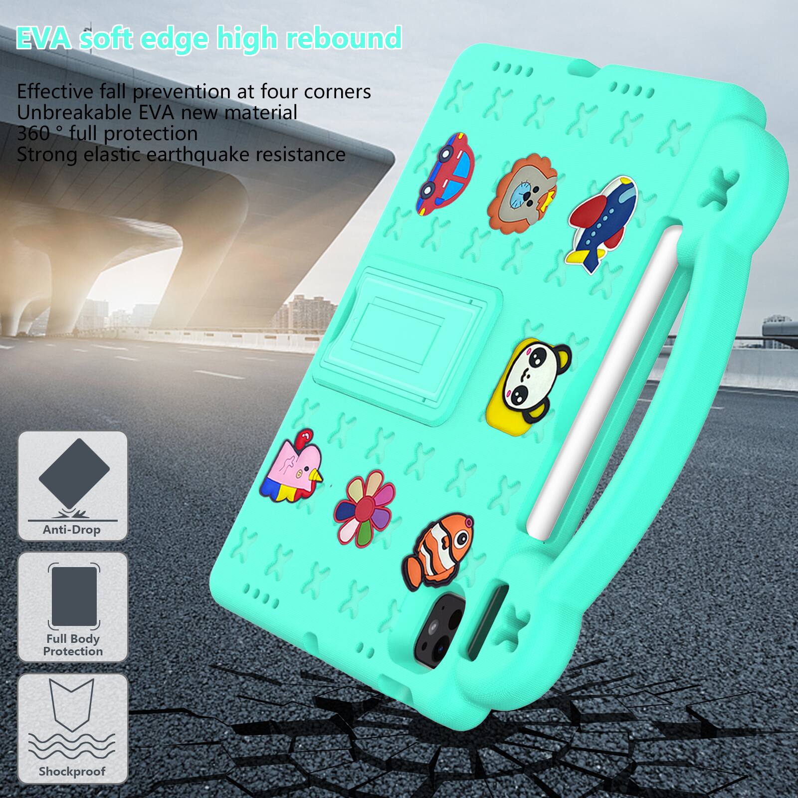 EVA soft edge high rebound  
Effective fall prevention at four corners  
Unbreakable EVA new material  
360° full protection  
Strong elastic earthquake resistance  

Anti-Drop  
Full Body Protection  
Shockproof