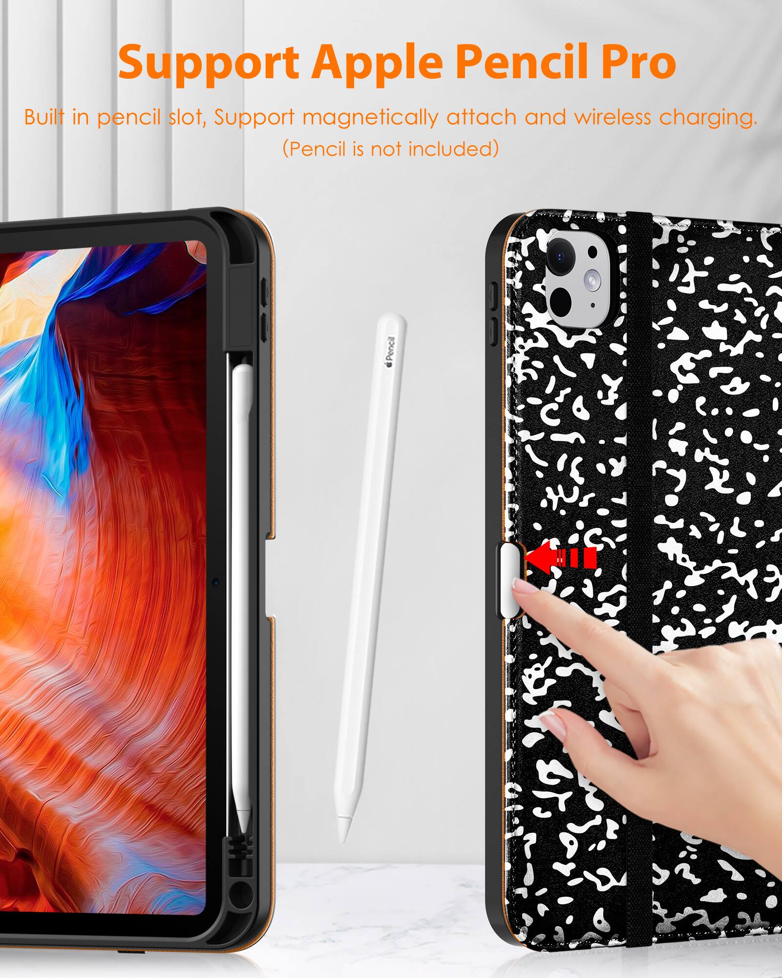 Support Apple Pencil Pro

Built in pencil slot, Support magnetically attach and wireless charging. (Pencil is not included)