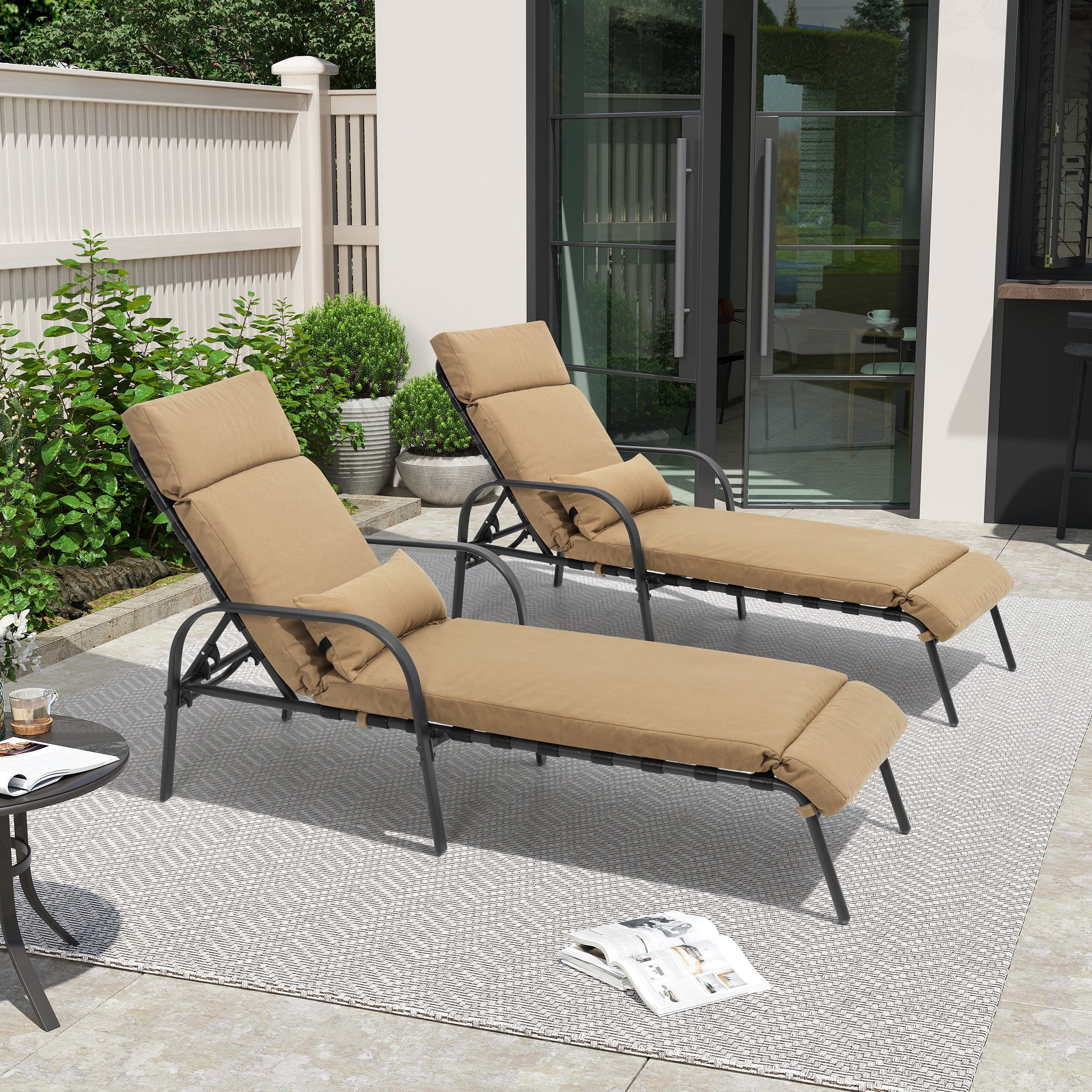 Crestlive Products - 2 pc Outdoor Cushioned Adjustable Chaise Lounge Chairs (Set of 2) Patio Pool Loungers - Brown