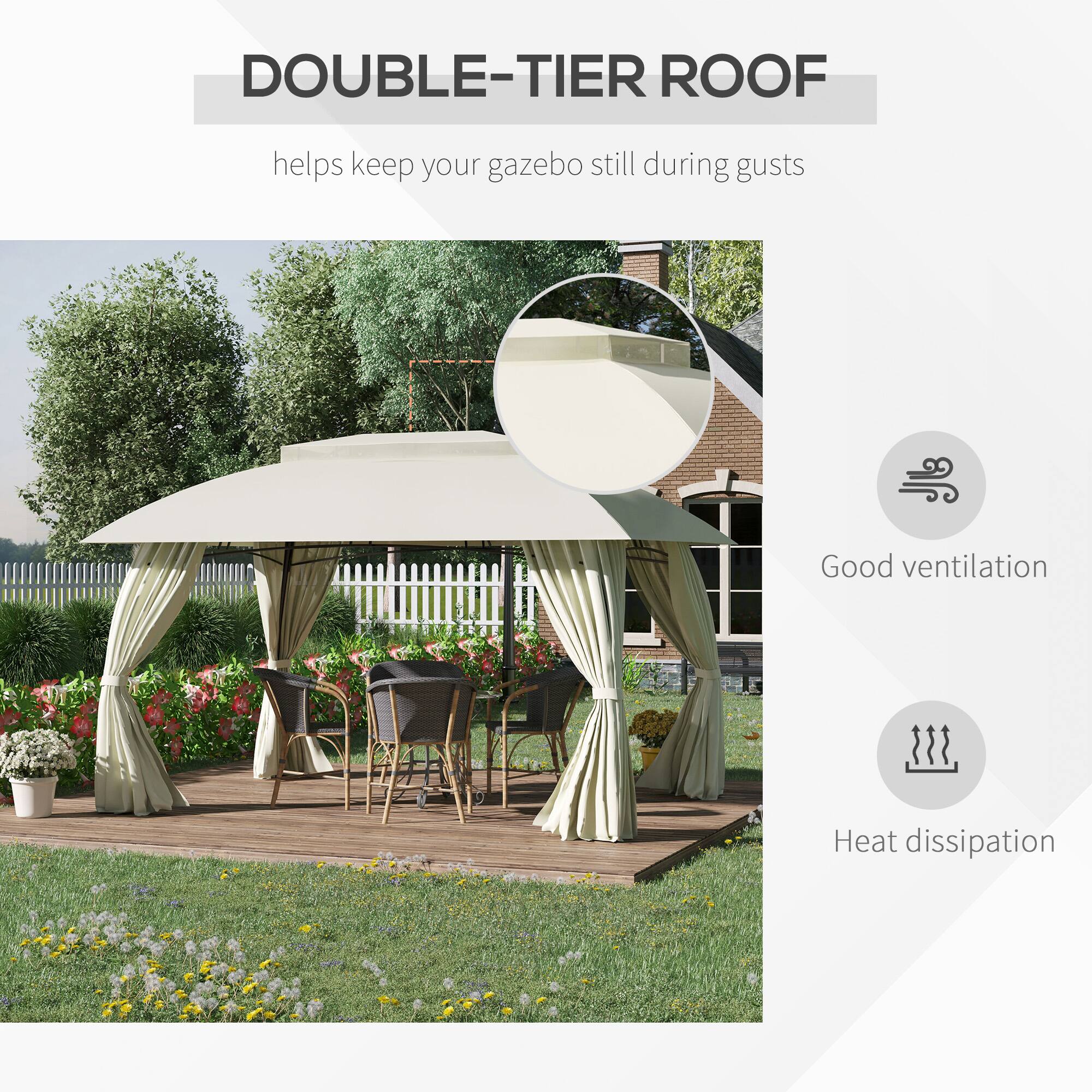 DOUBLE-TIER ROOF  
helps keep your gazebo still during gusts  

Good ventilation  

Heat dissipation
