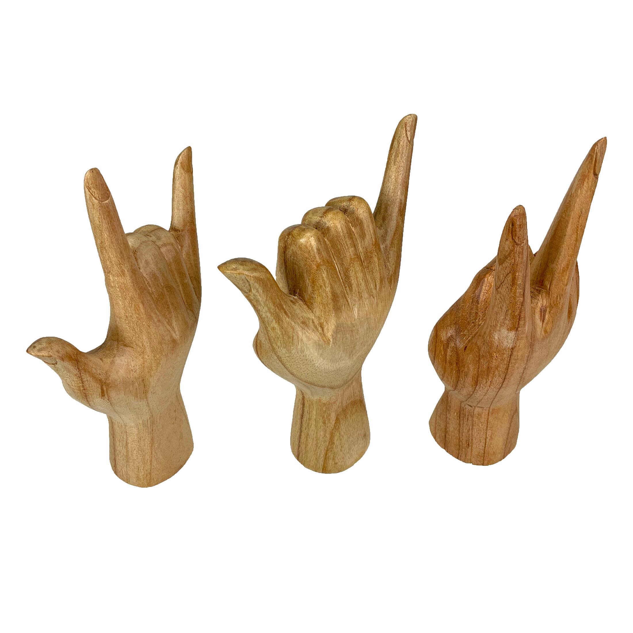 Alt View 7. Zeckos - Set of 3 Wooden Hand Sculptures – Peace, Love You, Hang Loose - Brown.