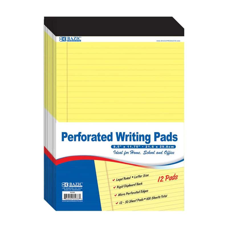BAZIC Products - Perforated Writing Pads, Canary, 50 Sheets, Pack of 12 - 8.5" x 11.75"