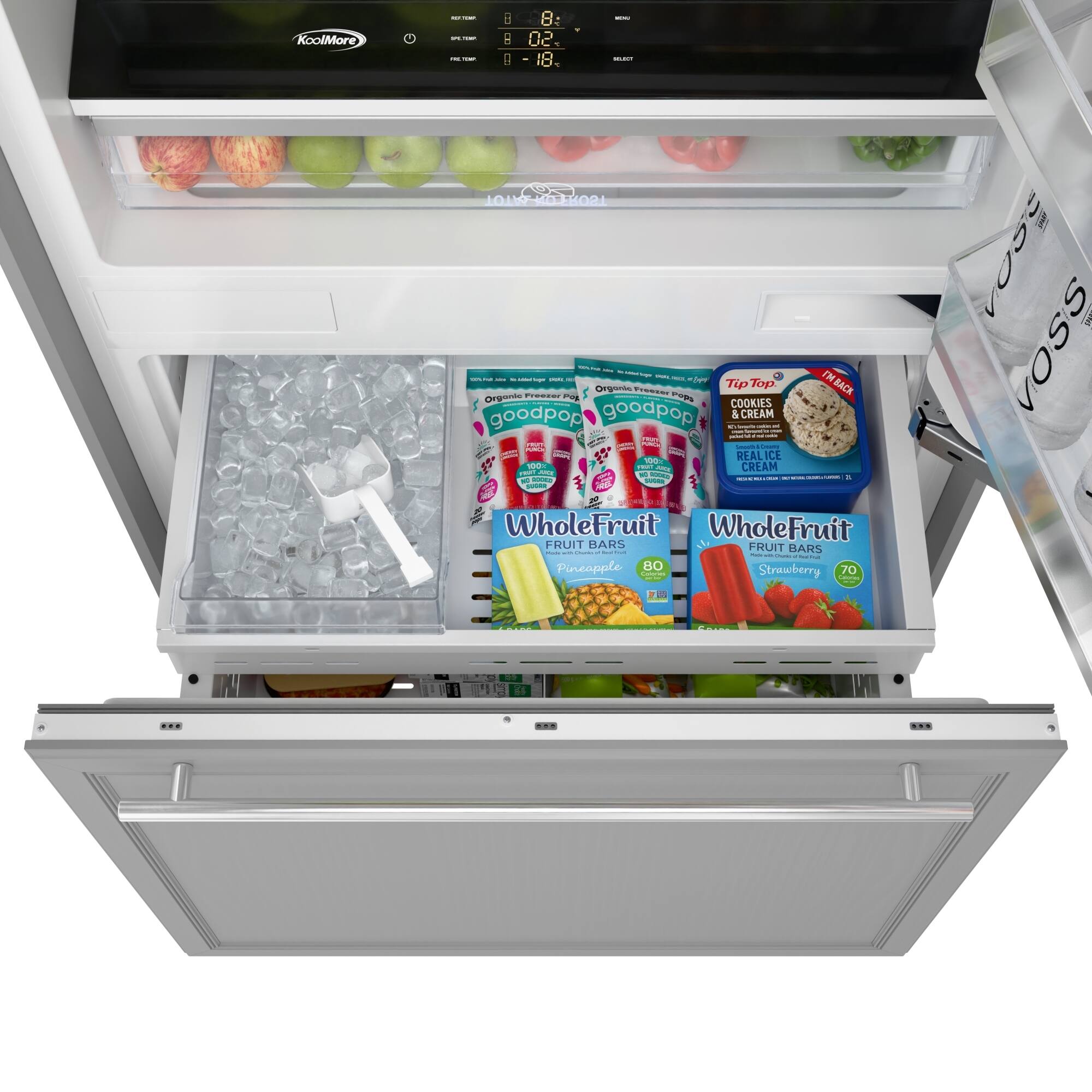 The image shows a refrigerator with its door open, revealing a variety of food items inside. There are several apples, oranges, and broccoli visible in the refrigerator. Additionally, there are two containers of WholeFruit Fruit Bars, which are placed in the refrigerator door compartment. The refrigerator is filled with a mix of fruits and vegetables, making it a healthy and diverse food storage space.