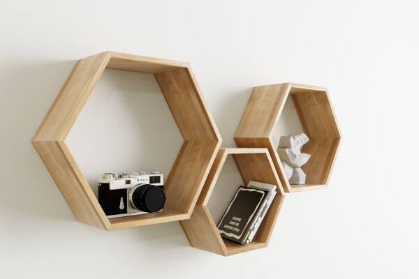 Left. Universal Expert - Universal Expert Abacus Hexagon Shelves, Set of 3, Oak - Oak.