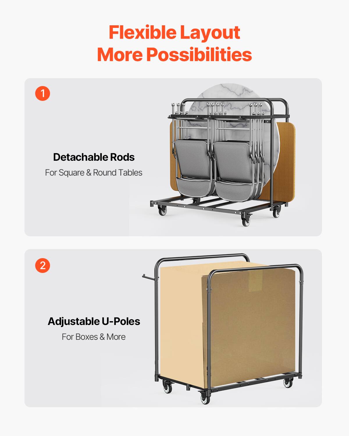 Flexible Layout More Possibilities

1. Detachable Rods For Square & Round Tables
2. Adjustable U-Poles For Boxes & More