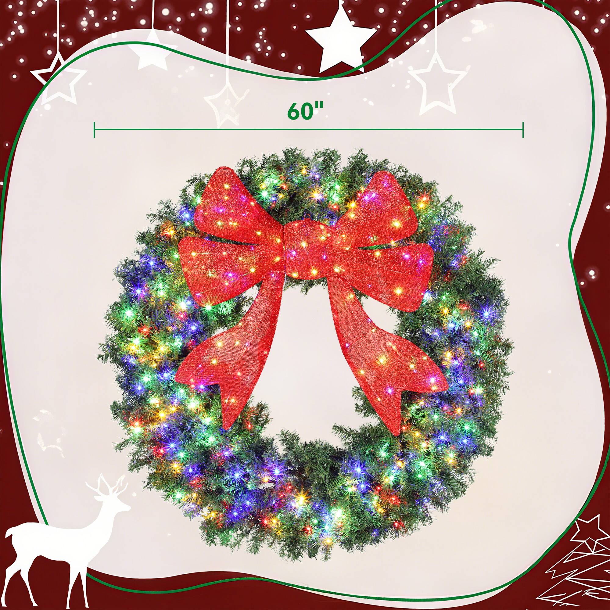Alt View 2. Homcom - 60in Pre-Lit Artificial Xmas Wreath, 3D Red Bow, 11 Modes, Remote, 300 LEDs, 996 Tips, Indoor Outdoor - Green.