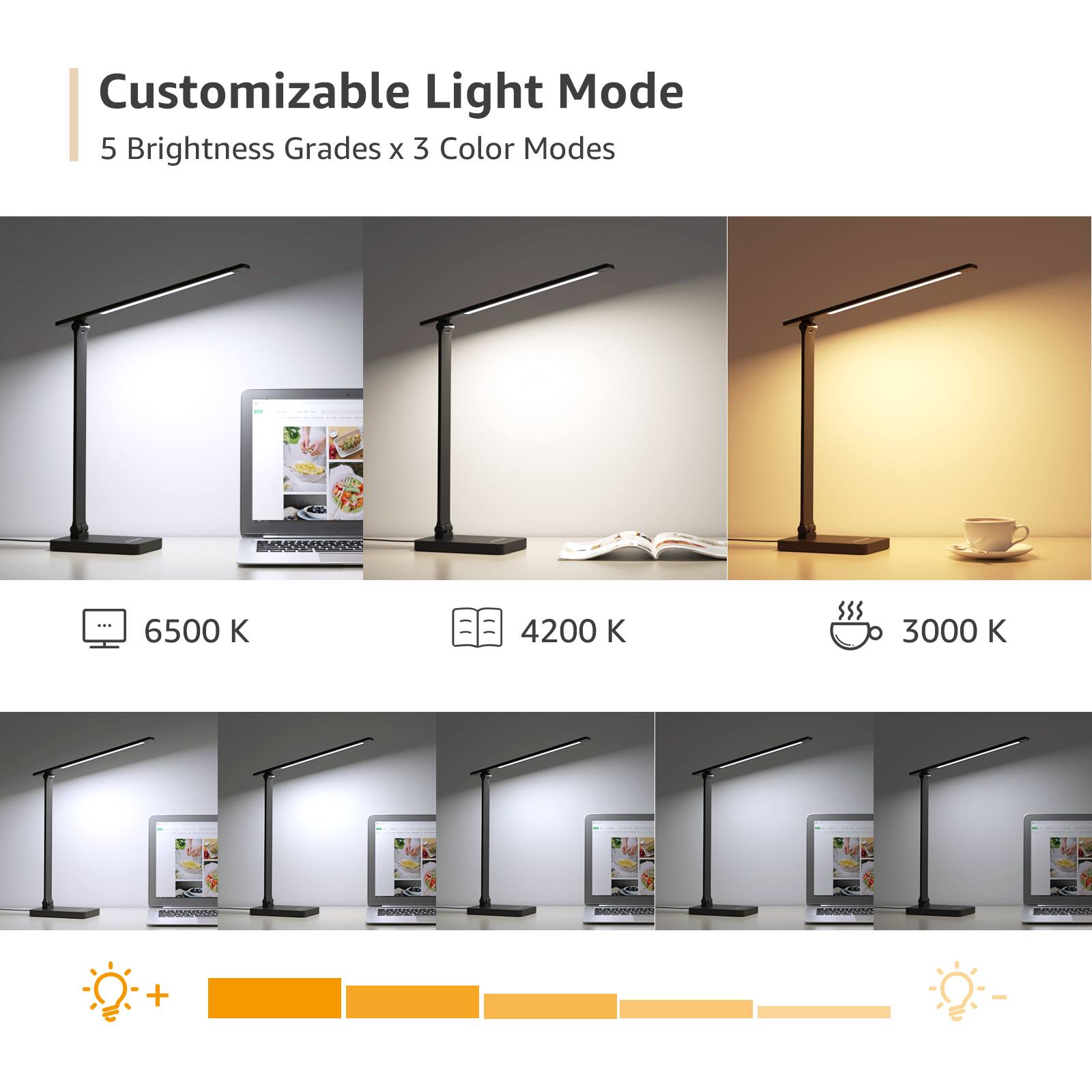 Customizable Light Mode  
5 Brightness Grades x 3 Color Modes  

6500 K  
4200 K  
3000 K